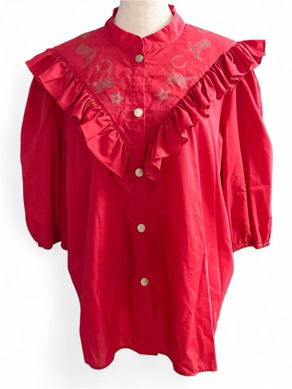 Red Ruffled V-Neck Button Front Women's Top
